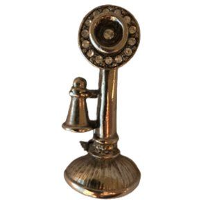 Vintage Silver Rhinestones Retro Phone Pin Brooch